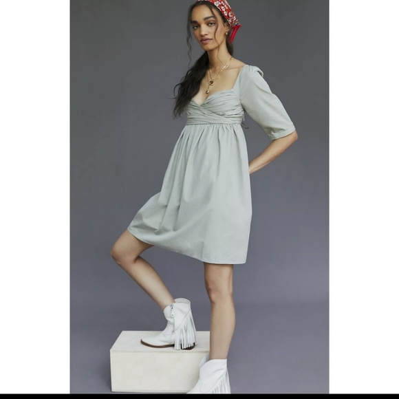 RUCHED PUFF-SLEEVED BABYDOLL MINI DRESS - Picture 3 of 4